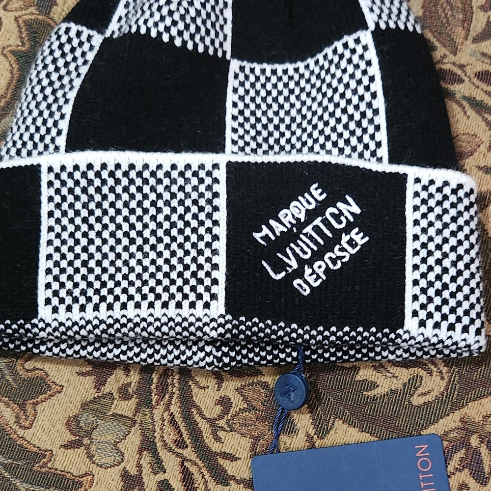 Louis Vuitton Black and White Checker Knit Beanie